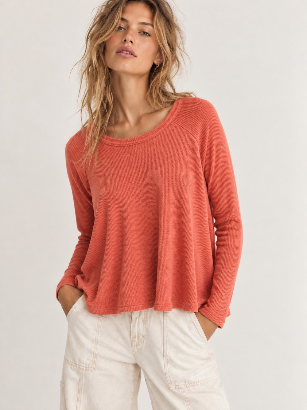 We The Free Coral Long Sleeve Thermal Knit Trapeze Swing Bottom Bohemian Top